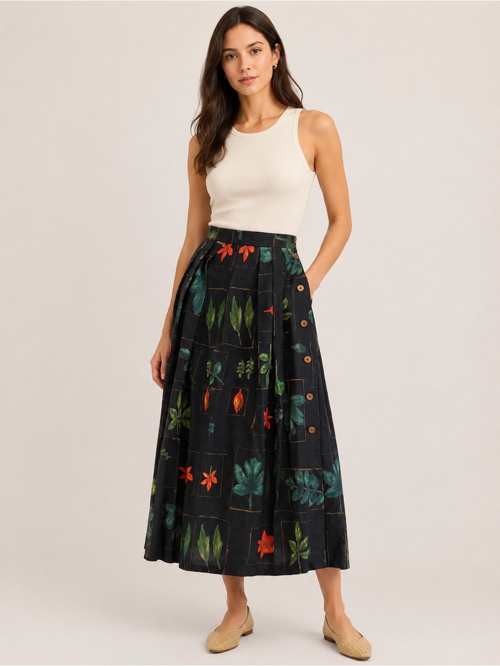 Vintage 80-90s Geiger Austria Wool Botanical Floral Pleated Midi Skirt Size 38/8